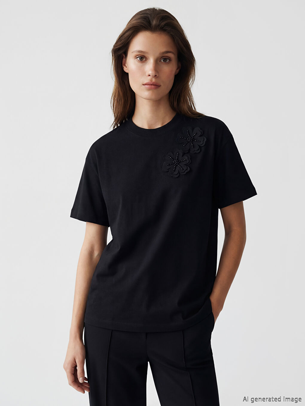 Siyah Bisiklet Yaka Çiçek İşlemeli Bluz