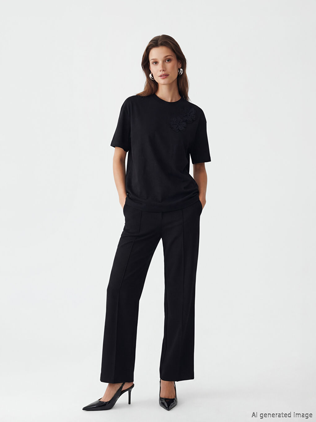 Siyah Bisiklet Yaka Çiçek İşlemeli Bluz-1