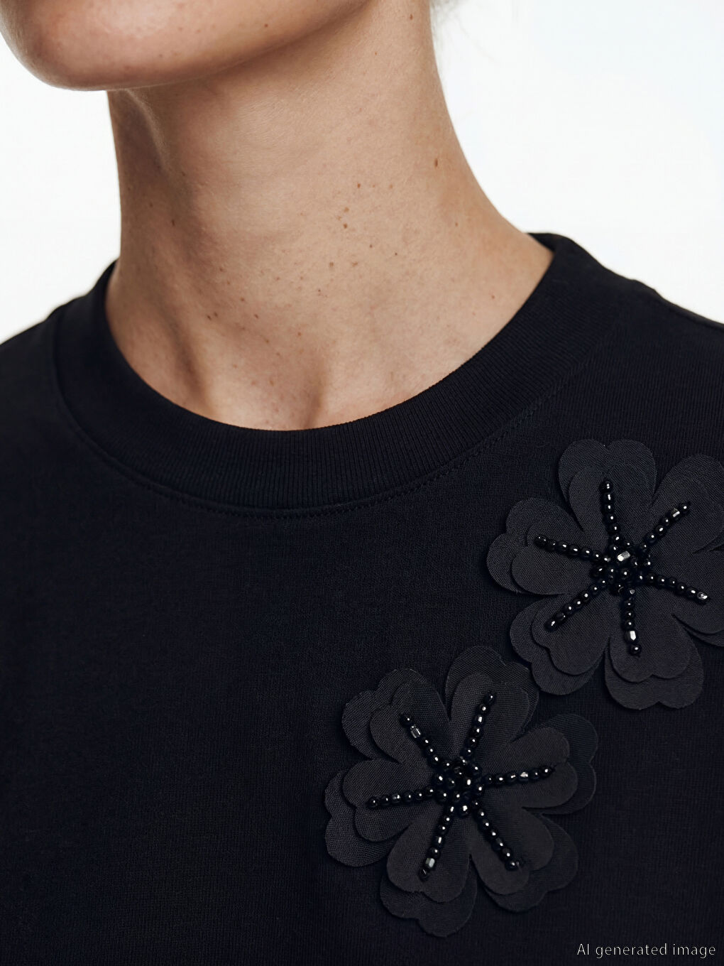 Siyah Bisiklet Yaka Çiçek İşlemeli Bluz-2