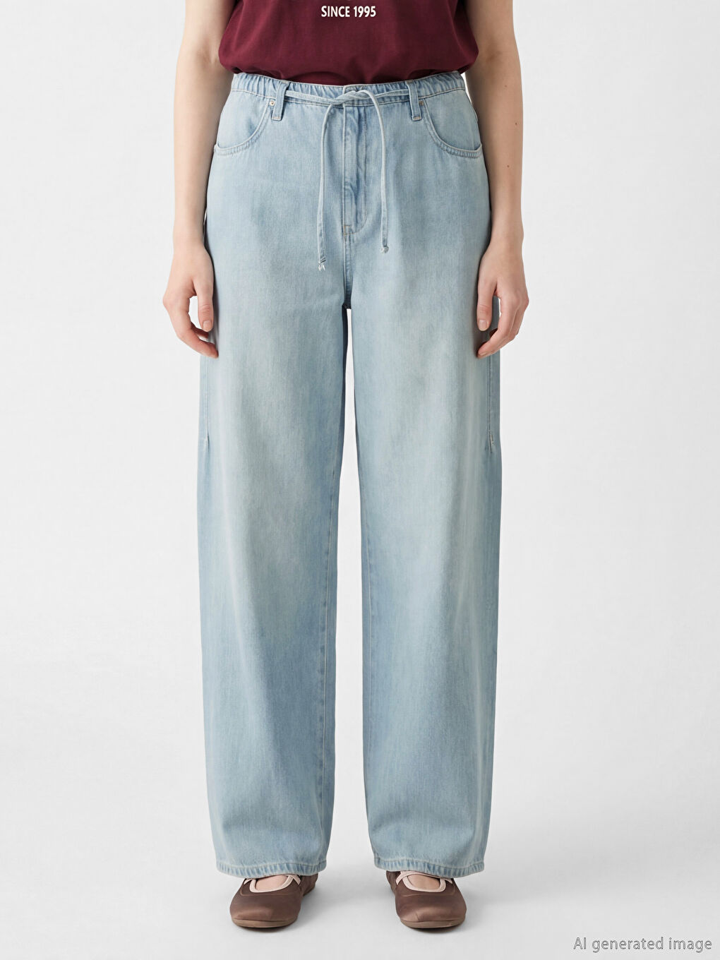 Mavi Beli Lastikli Wideleg Kadın Jean Pantolon-1