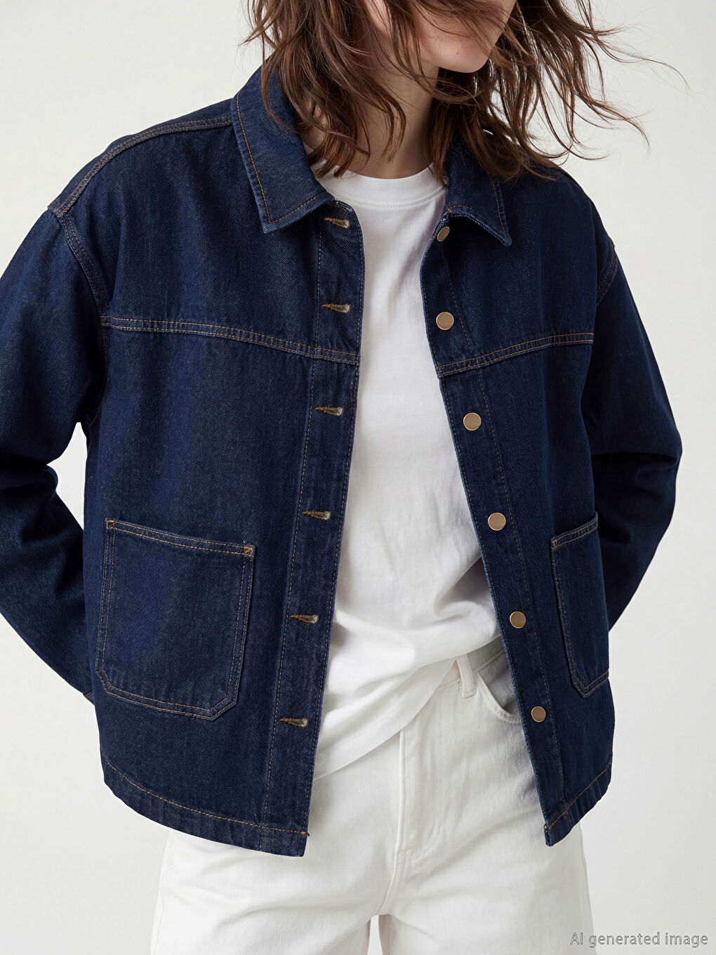 Lacivert Gömlek Yaka Oversize Kadın Jean Ceket-3