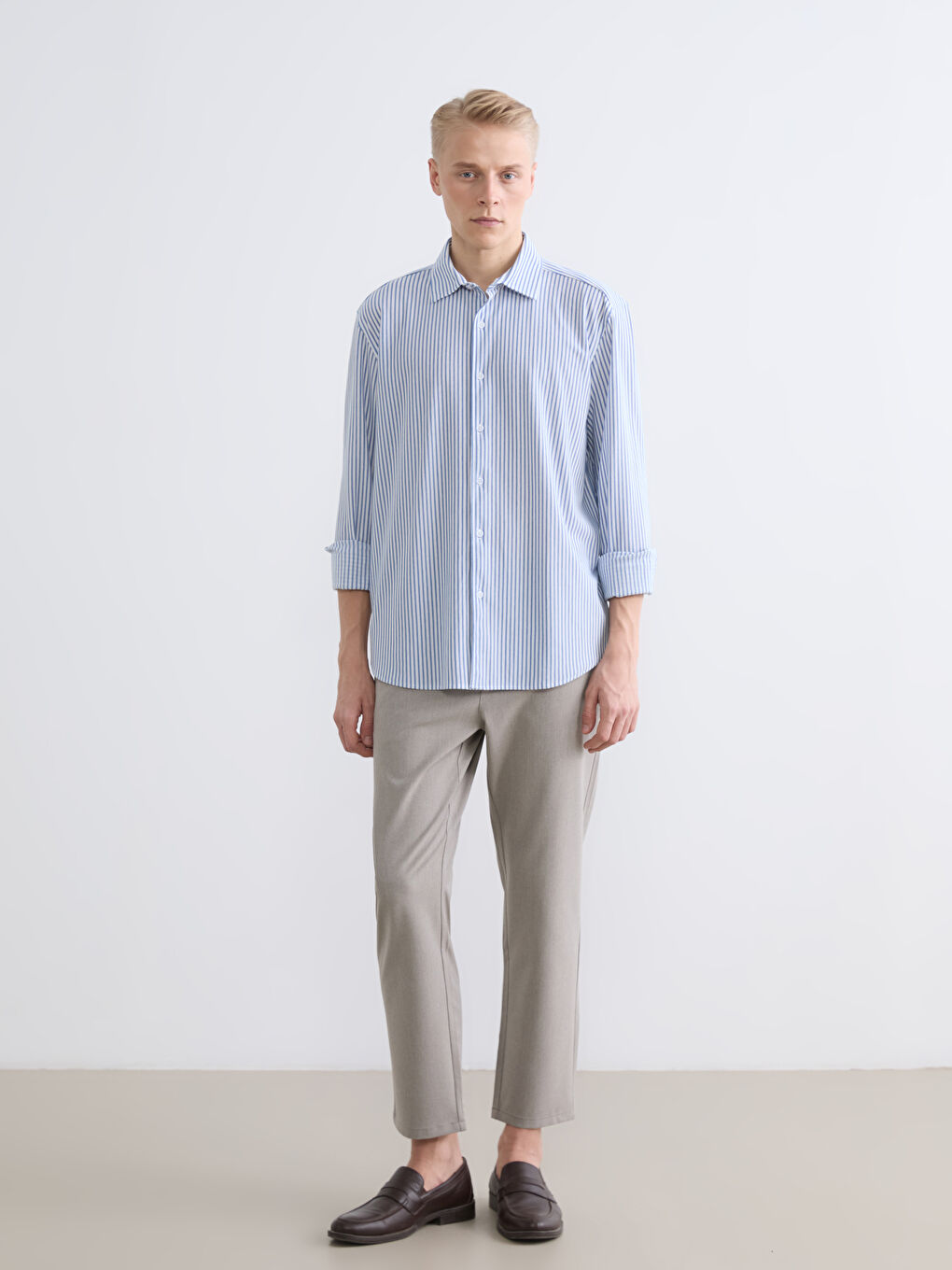 Lacivert Regular Fit Çizgili Erkek Gömlek-5