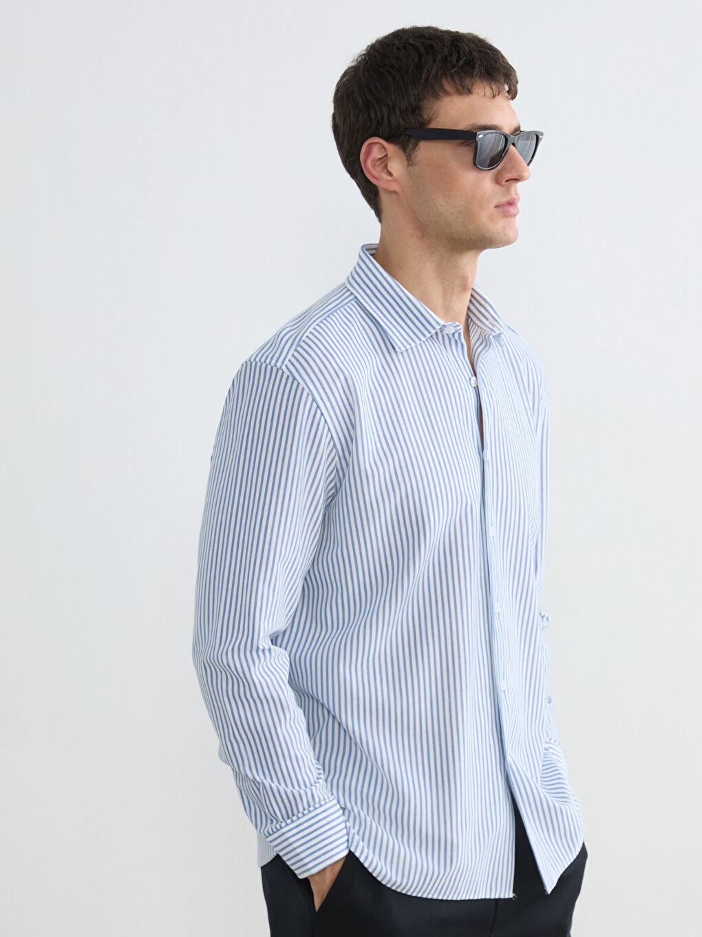Lacivert Regular Fit Çizgili Erkek Gömlek