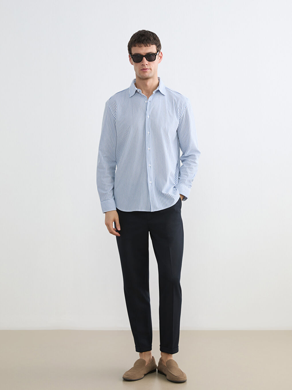 Lacivert Regular Fit Çizgili Erkek Gömlek-1