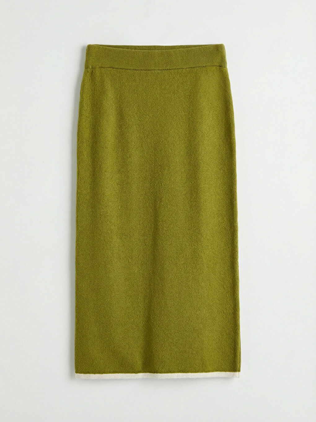 Yeşil Beli Lastikli Yırtmaçlı Triko Kalem Etek	