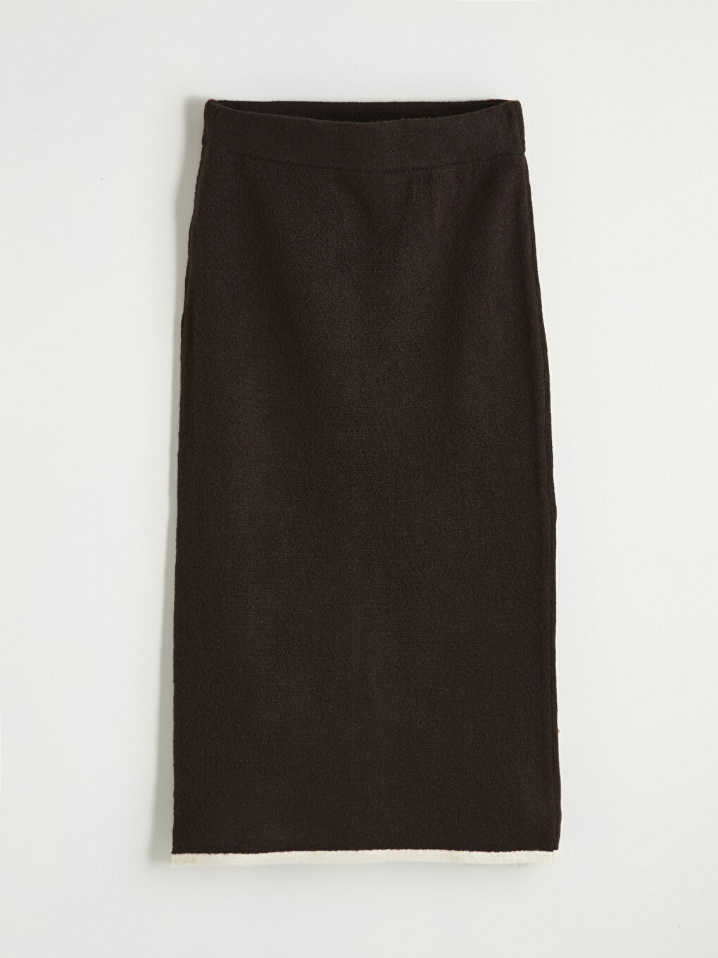 Kahverengi Beli Lastikli Yırtmaçlı Triko Kalem Etek