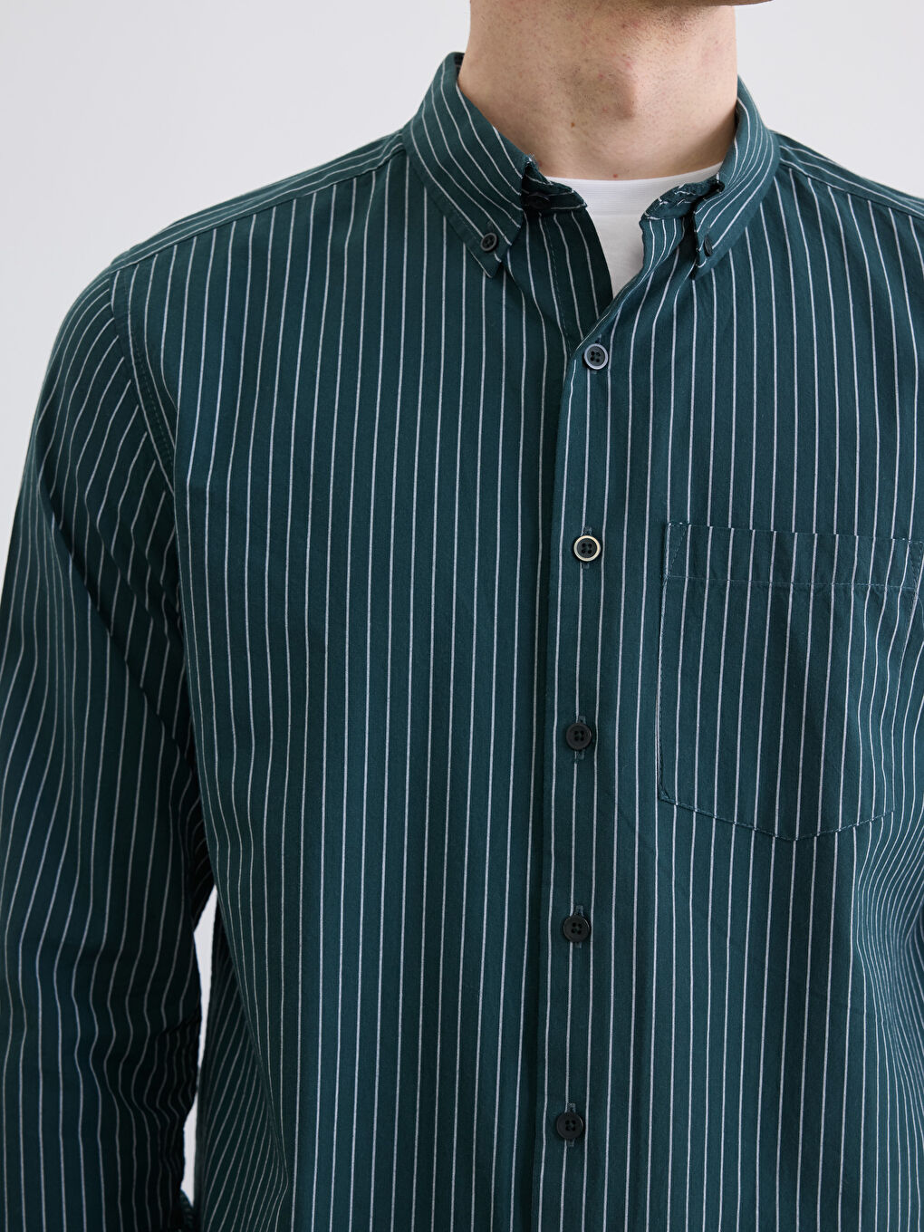 Yeşil Regular Fit Çizgili Armürlü Erkek Gömlek-2