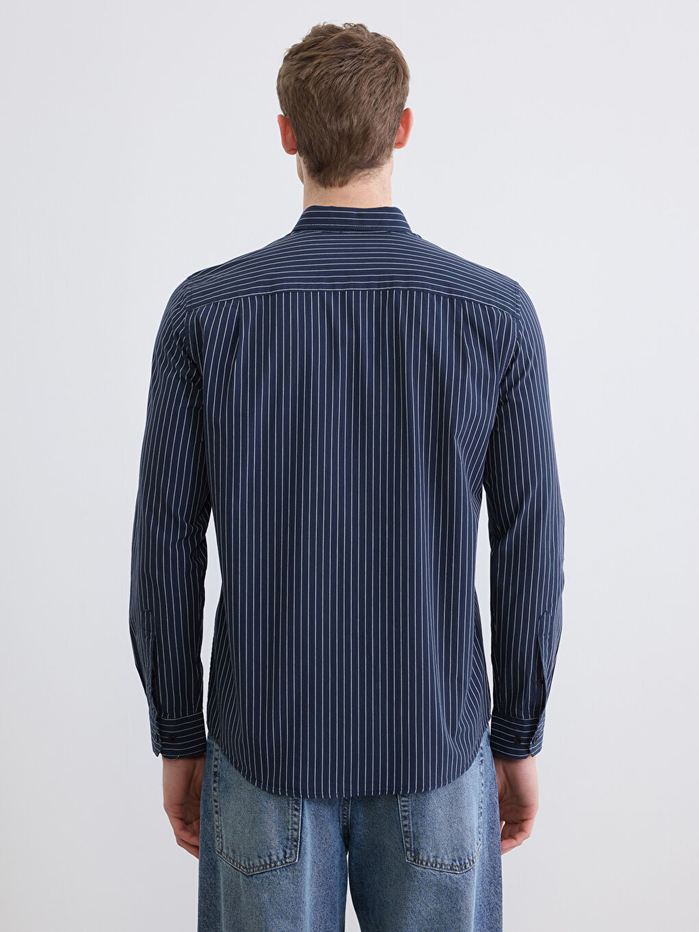 Lacivert Regular Fit Çizgili Armürlü Erkek Gömlek-3