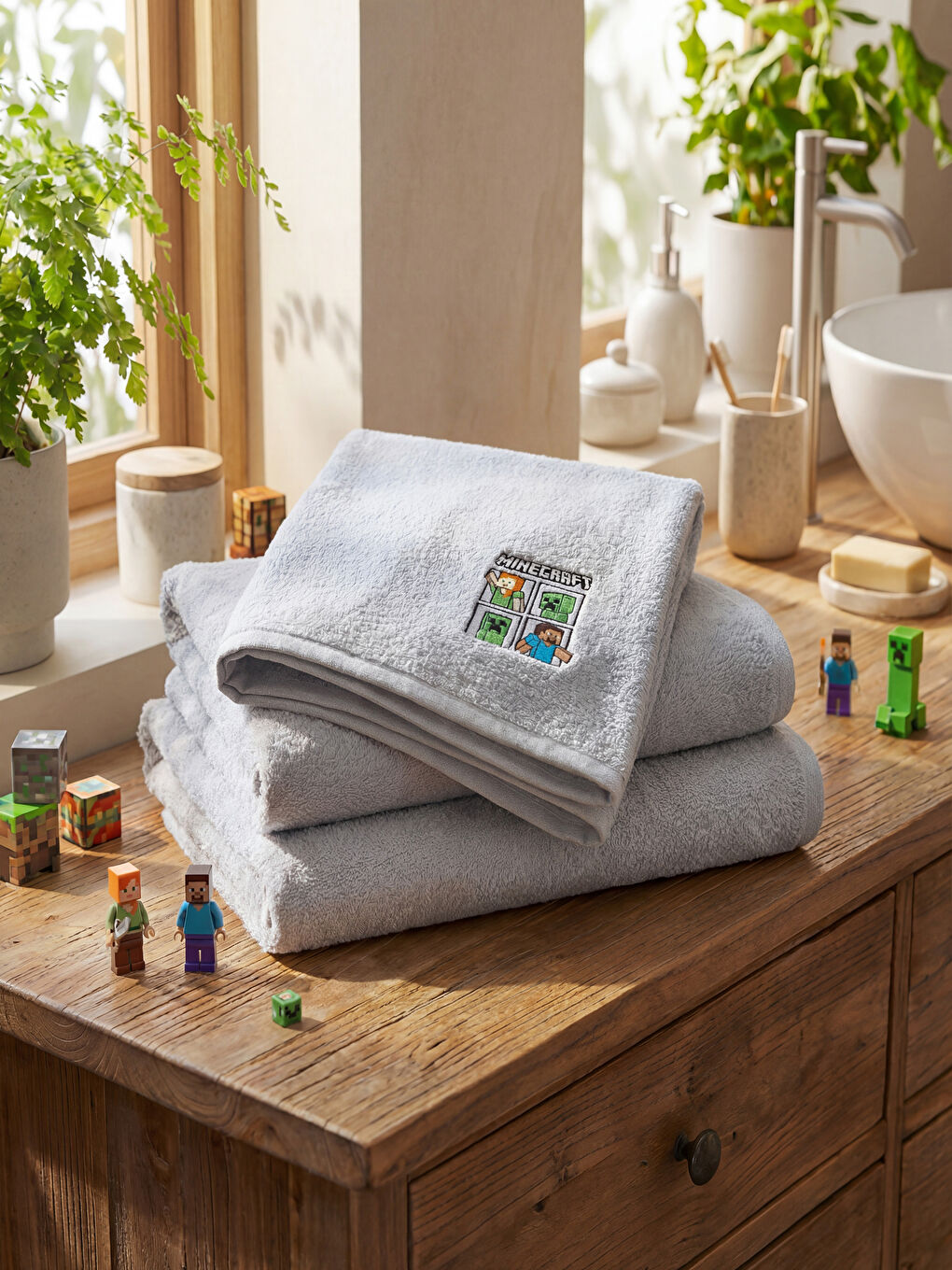 Gri Minecraft Nakışlı Yüz Havlusu 50x80 cm