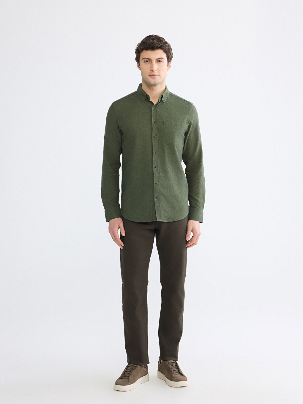 Yeşil Regular Fit Armürlü Erkek Gömlek-1