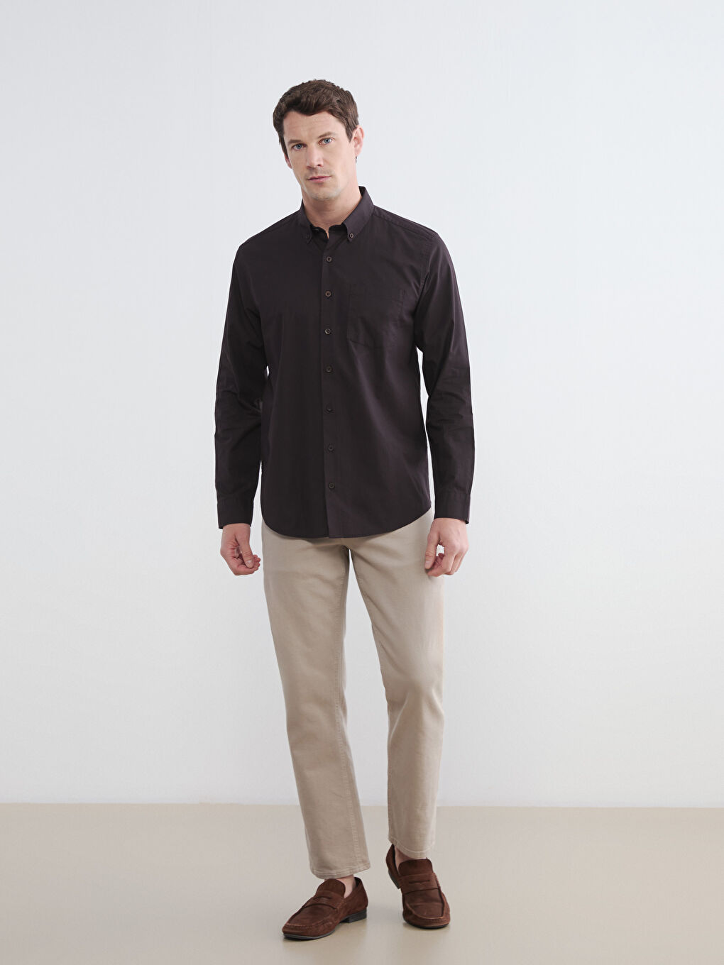 Kahverengi Regular Fit Poplin Erkek Gömlek-2