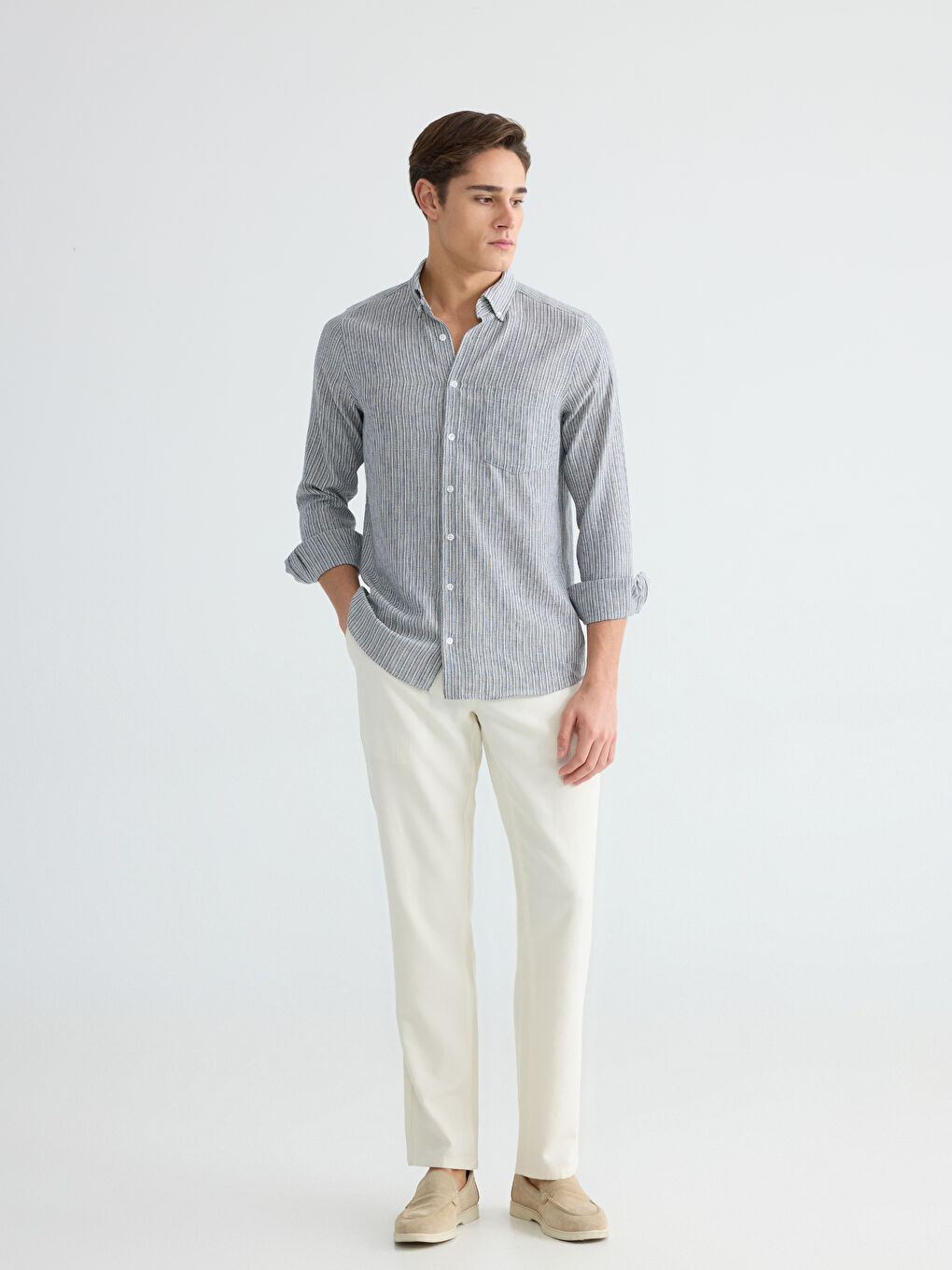 Lacivert Regular Fit Çizgili Erkek Gömlek-1