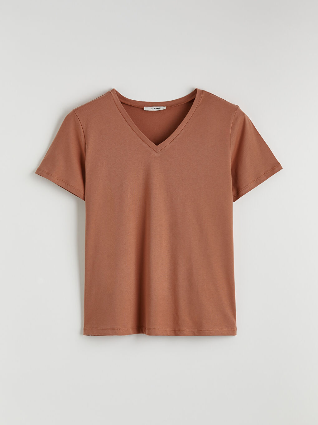 Kahverengi V Yaka Kadın Tişört-4