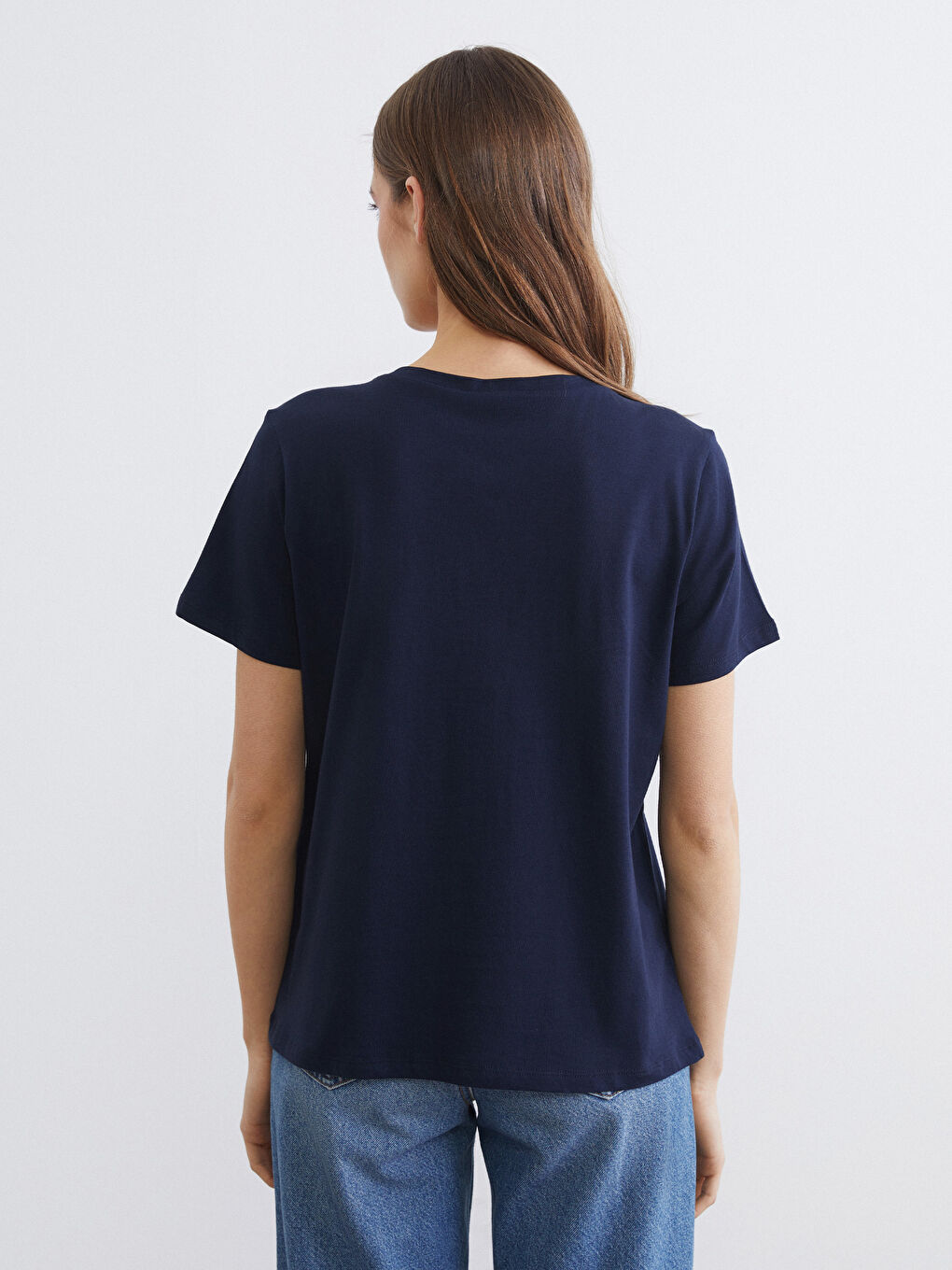 Lacivert V Yaka Kadın Tişört-3