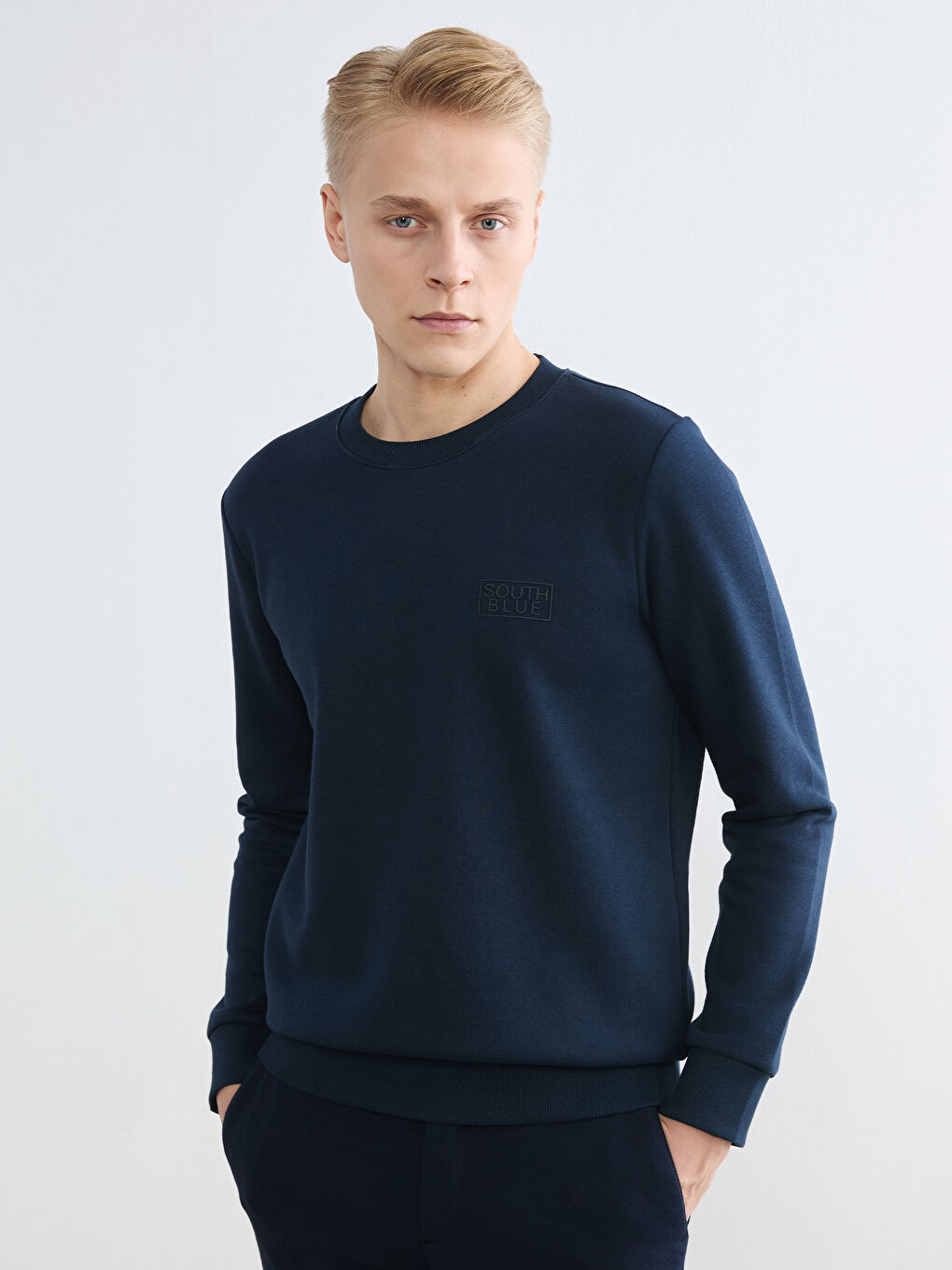 Lacivert Bisiklet Yaka Baskılı Erkek Kalın Sweatshirt