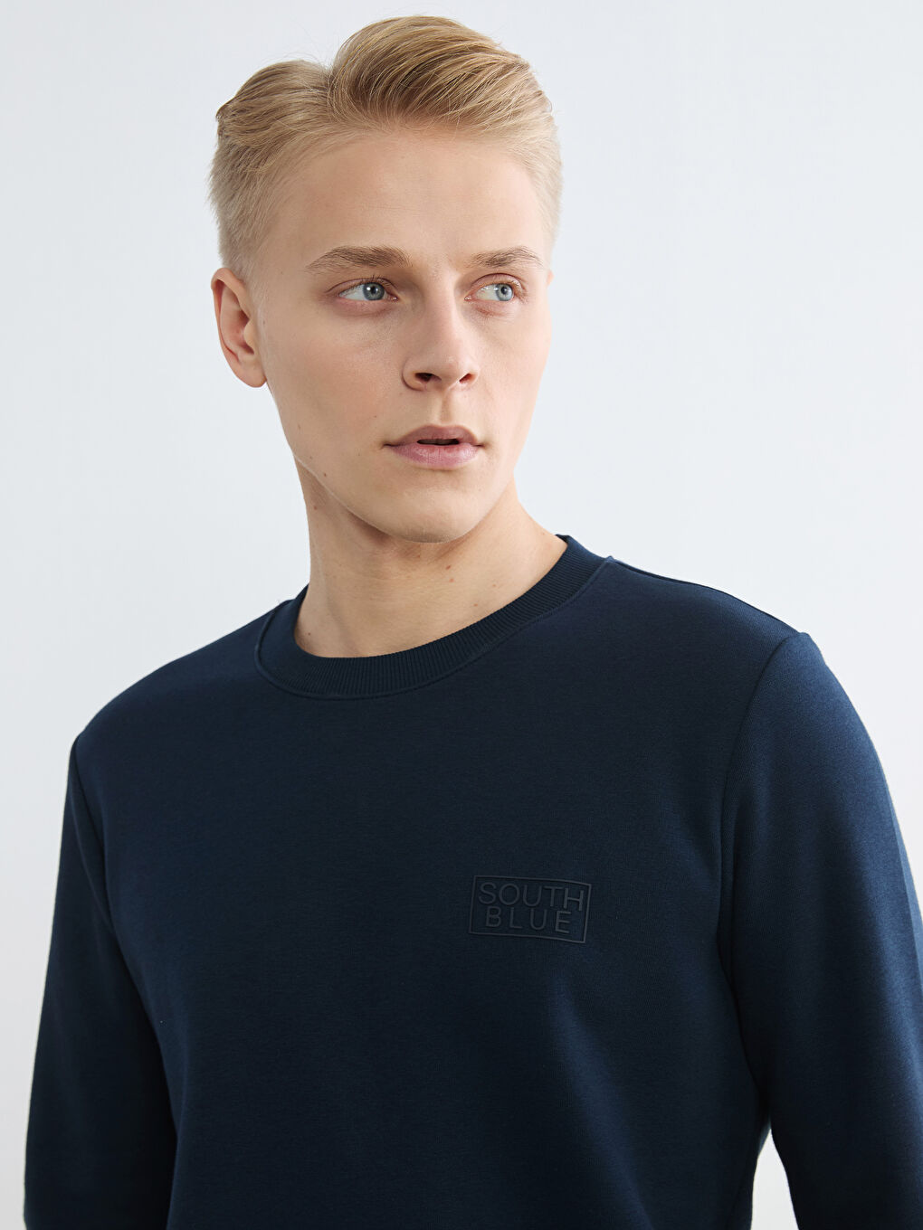 Lacivert Bisiklet Yaka Baskılı Erkek Kalın Sweatshirt-2