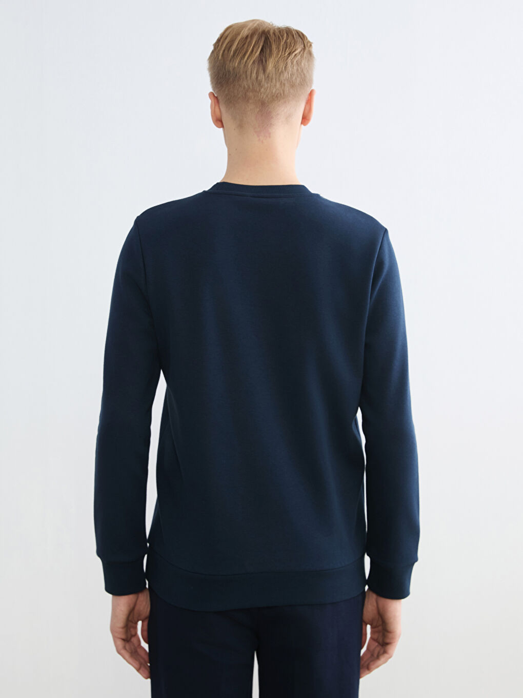 Lacivert Bisiklet Yaka Baskılı Erkek Kalın Sweatshirt-3