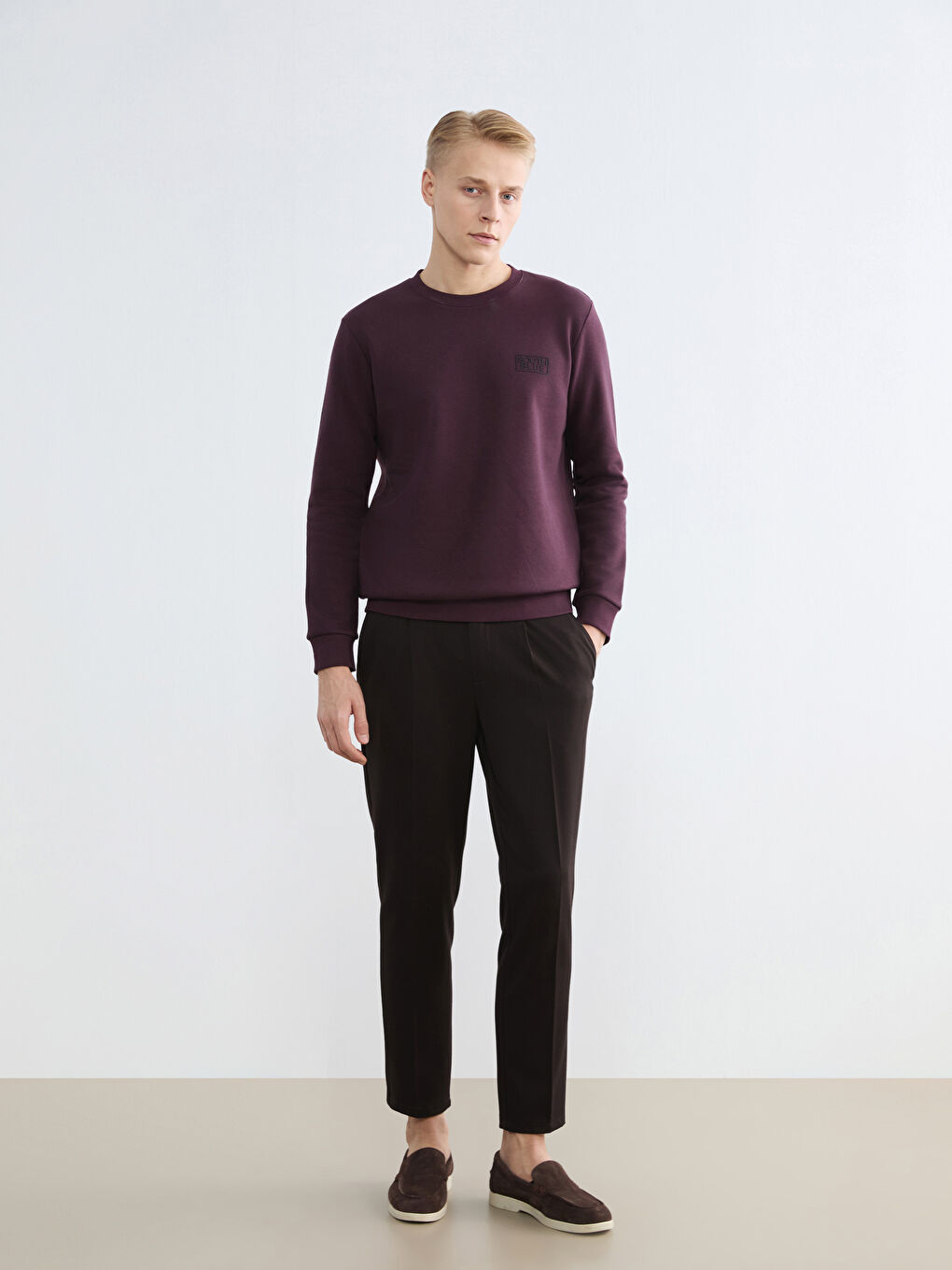 Mürdüm Bisiklet Yaka Baskılı Erkek Kalın Sweatshirt-1