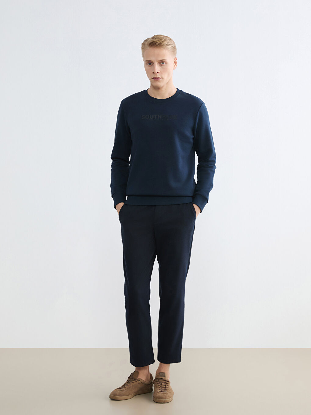 Lacivert Bisiklet Yaka Baskılı Erkek Kalın Sweatshirt-1