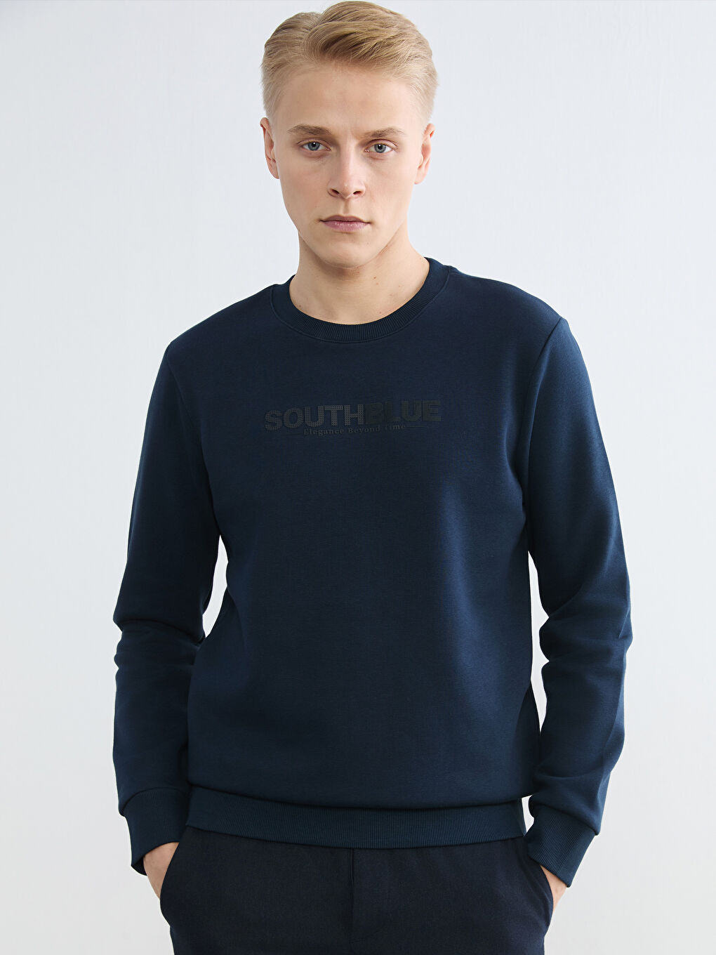 Lacivert Bisiklet Yaka Baskılı Erkek Kalın Sweatshirt-2