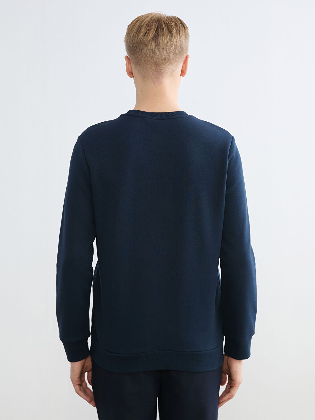 Lacivert Bisiklet Yaka Baskılı Erkek Kalın Sweatshirt-3