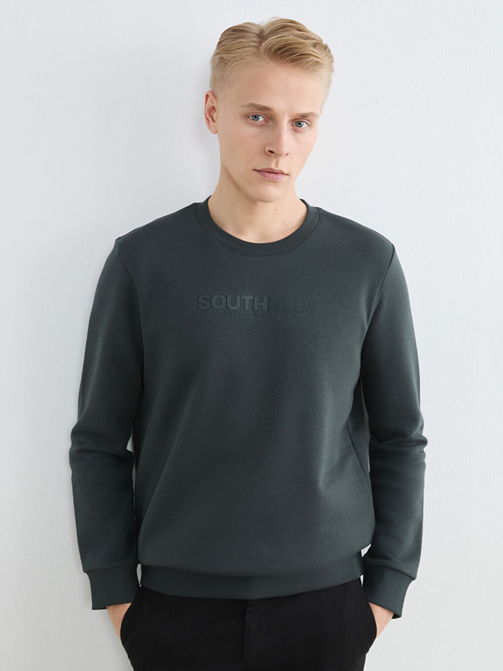 Antrasit Bisiklet Yaka Baskılı Erkek Kalın Sweatshirt