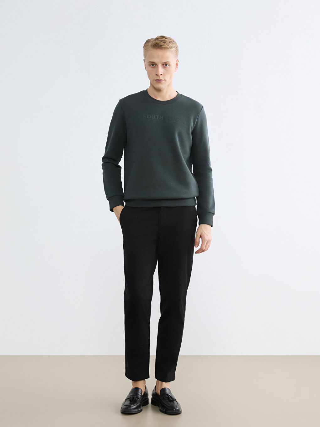 Antrasit Bisiklet Yaka Baskılı Erkek Kalın Sweatshirt-1