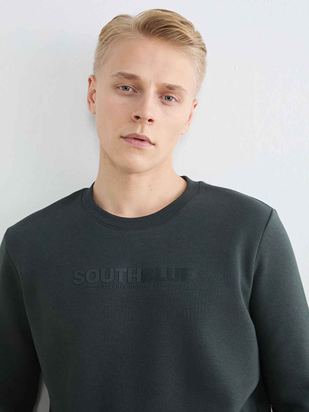 Antrasit Bisiklet Yaka Baskılı Erkek Kalın Sweatshirt-2