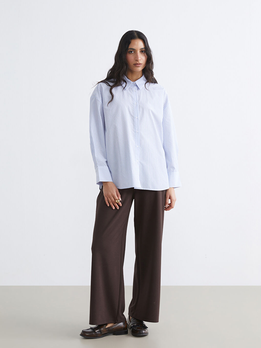 Mavi Çizgili Poplin Kadın Gömlek-1
