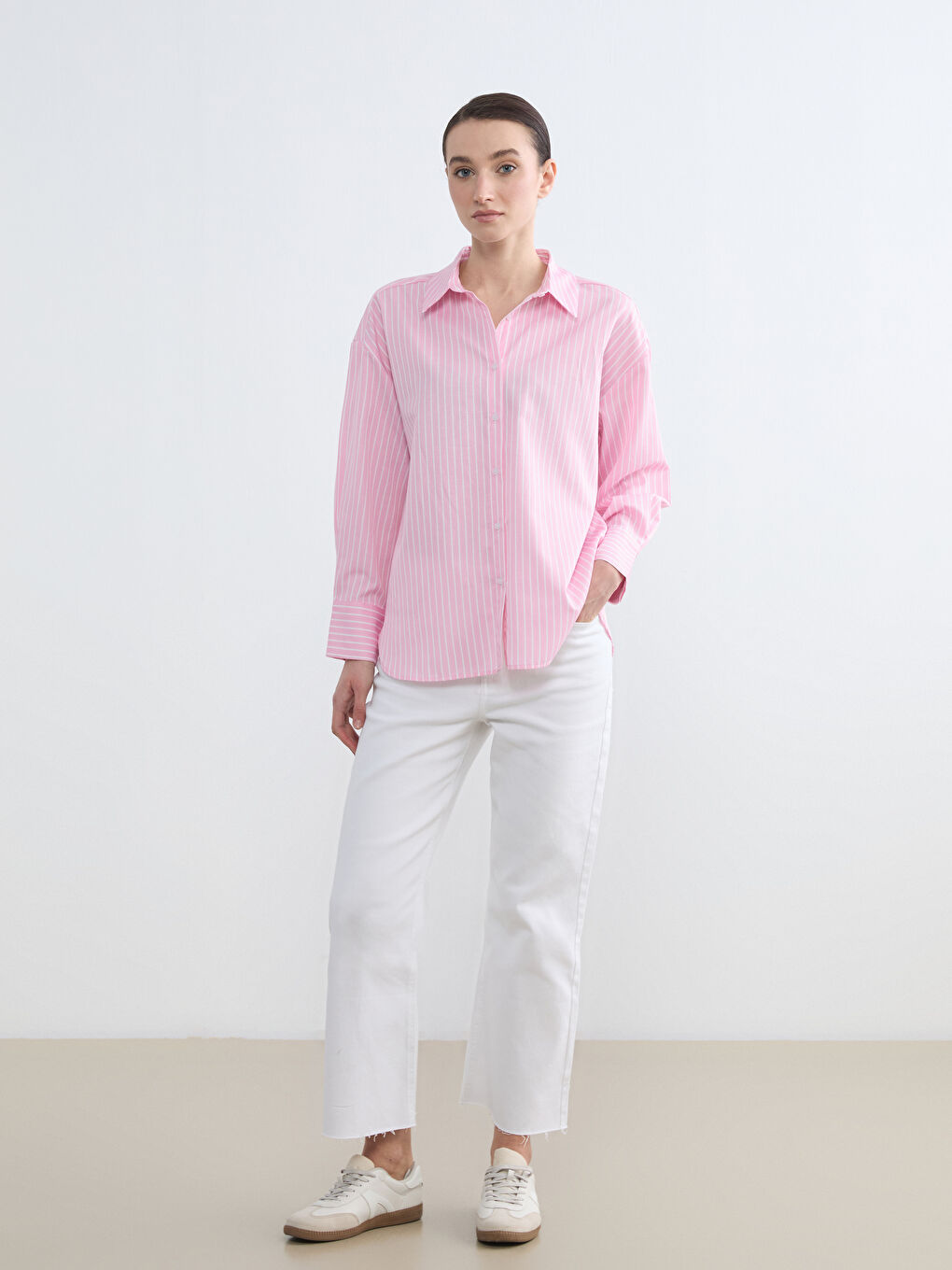 Pembe Çizgili Poplin Kadın Gömlek-1