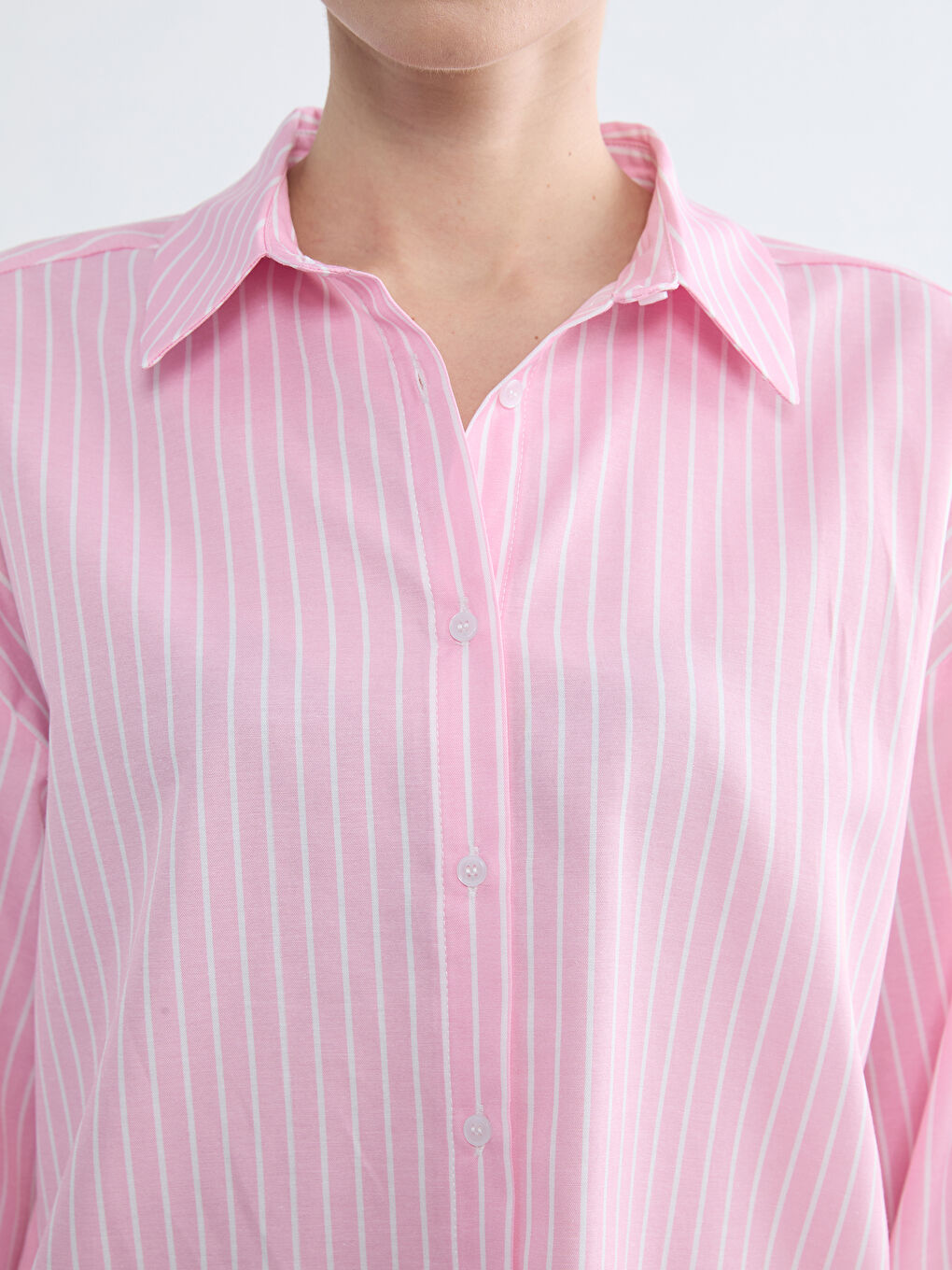 Pembe Çizgili Poplin Kadın Gömlek-2