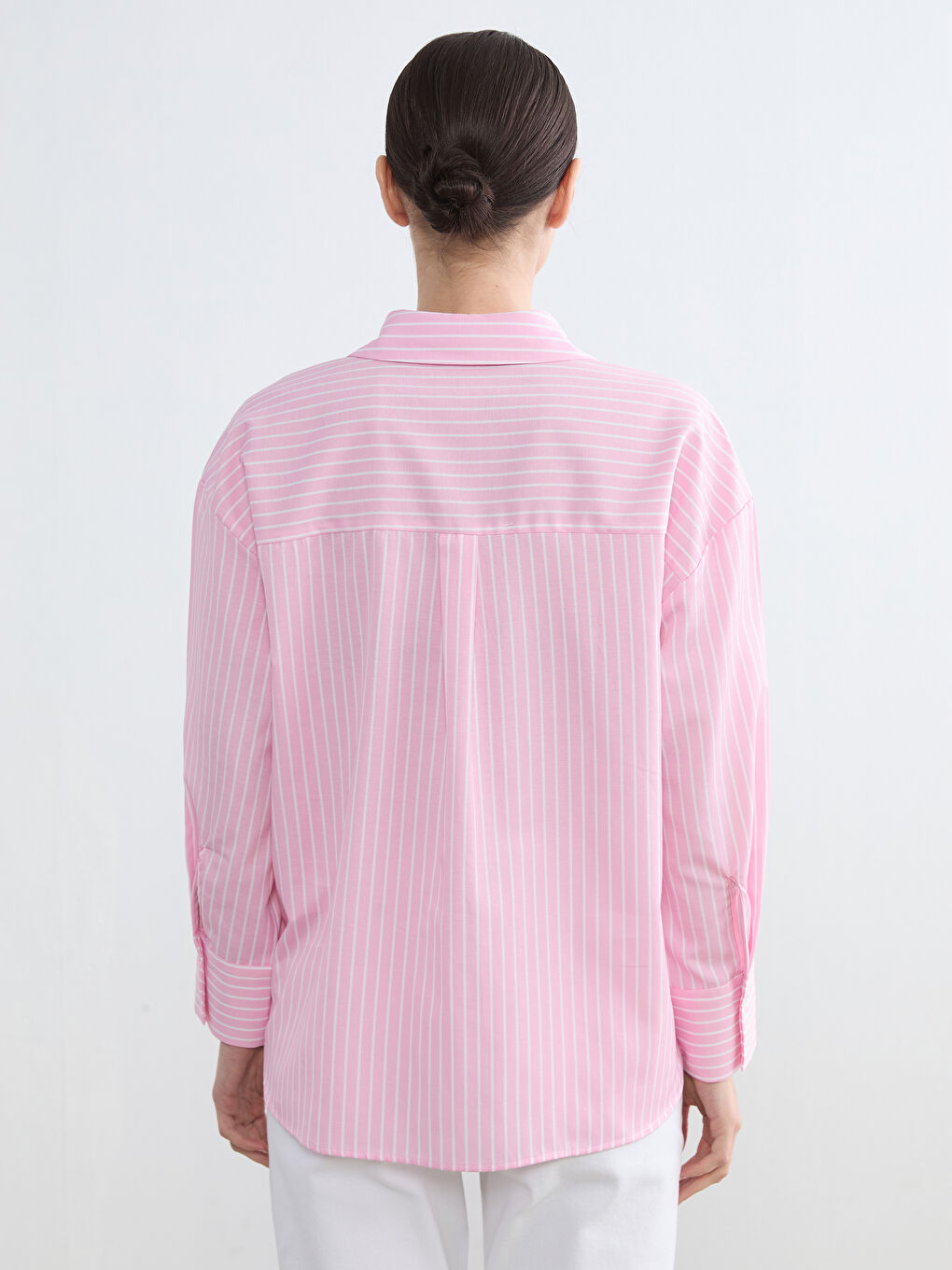 Pembe Çizgili Poplin Kadın Gömlek-3