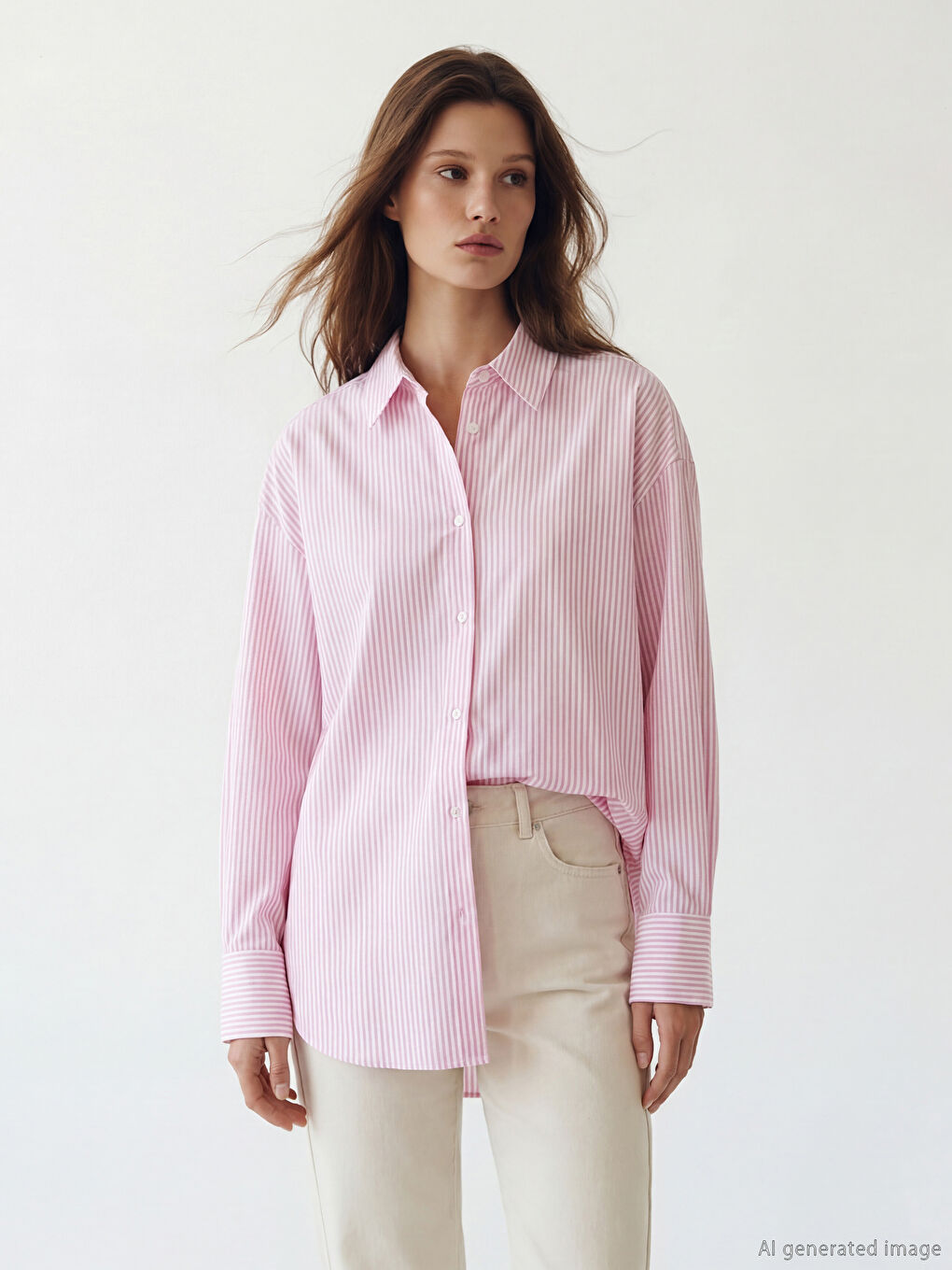 Pembe Çizgili Kadın Oxford Gömlek