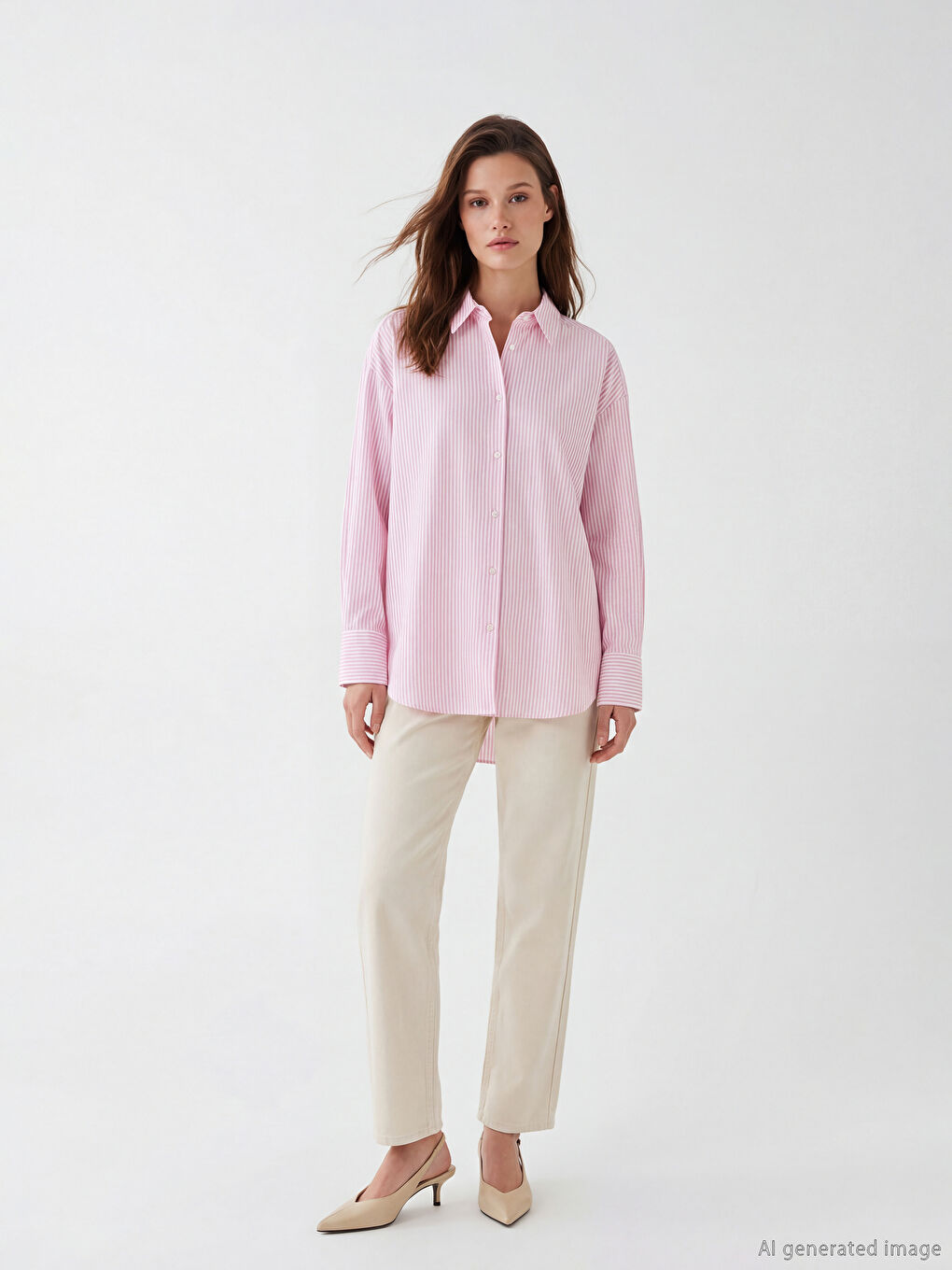 Pembe Çizgili Kadın Oxford Gömlek-1