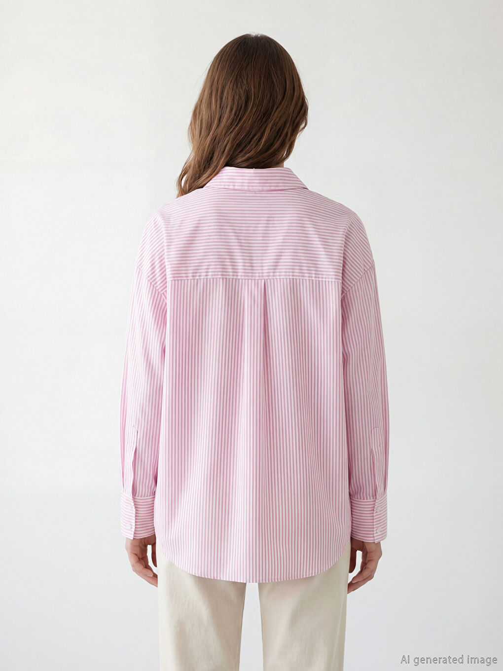 Pembe Çizgili Kadın Oxford Gömlek-3
