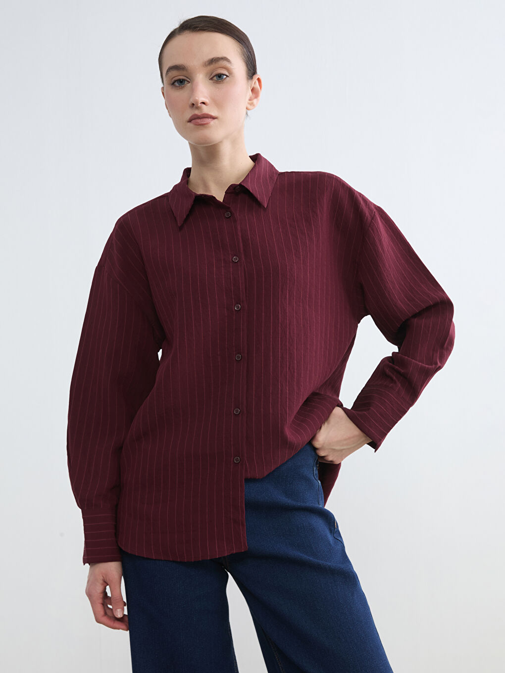 Bordo Çizgili Kadın Gömlek