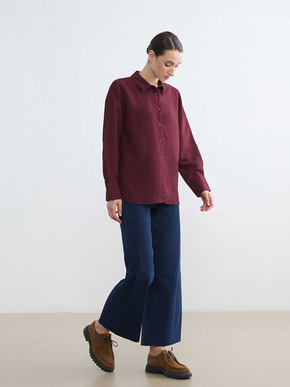 Bordo Çizgili Kadın Gömlek-1