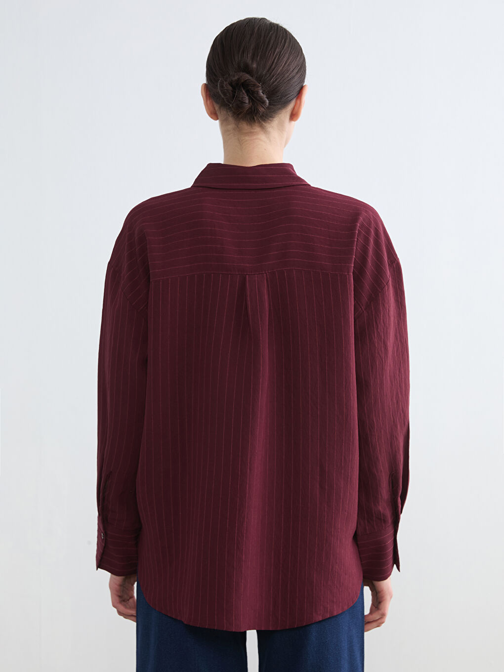 Bordo Çizgili Kadın Gömlek-3