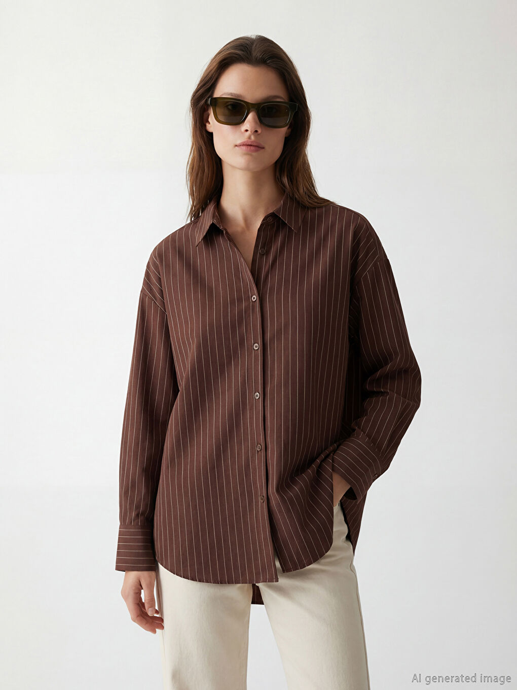 Kahverengi Çizgili Kadın Gömlek