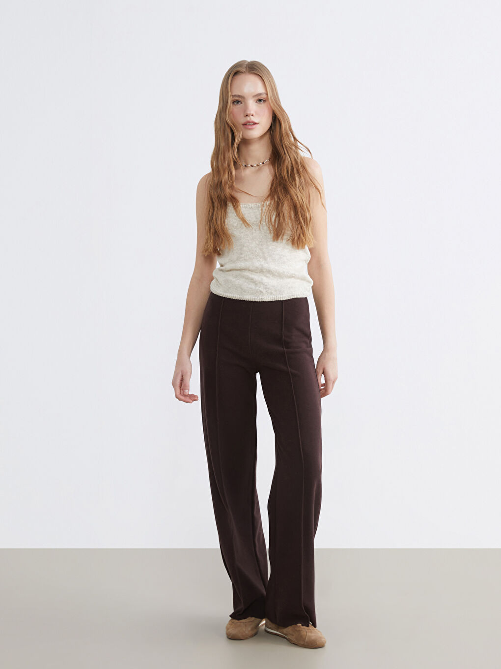 Kahverengi Beli Lastikli Geniş Paça Kadın Pantolon	