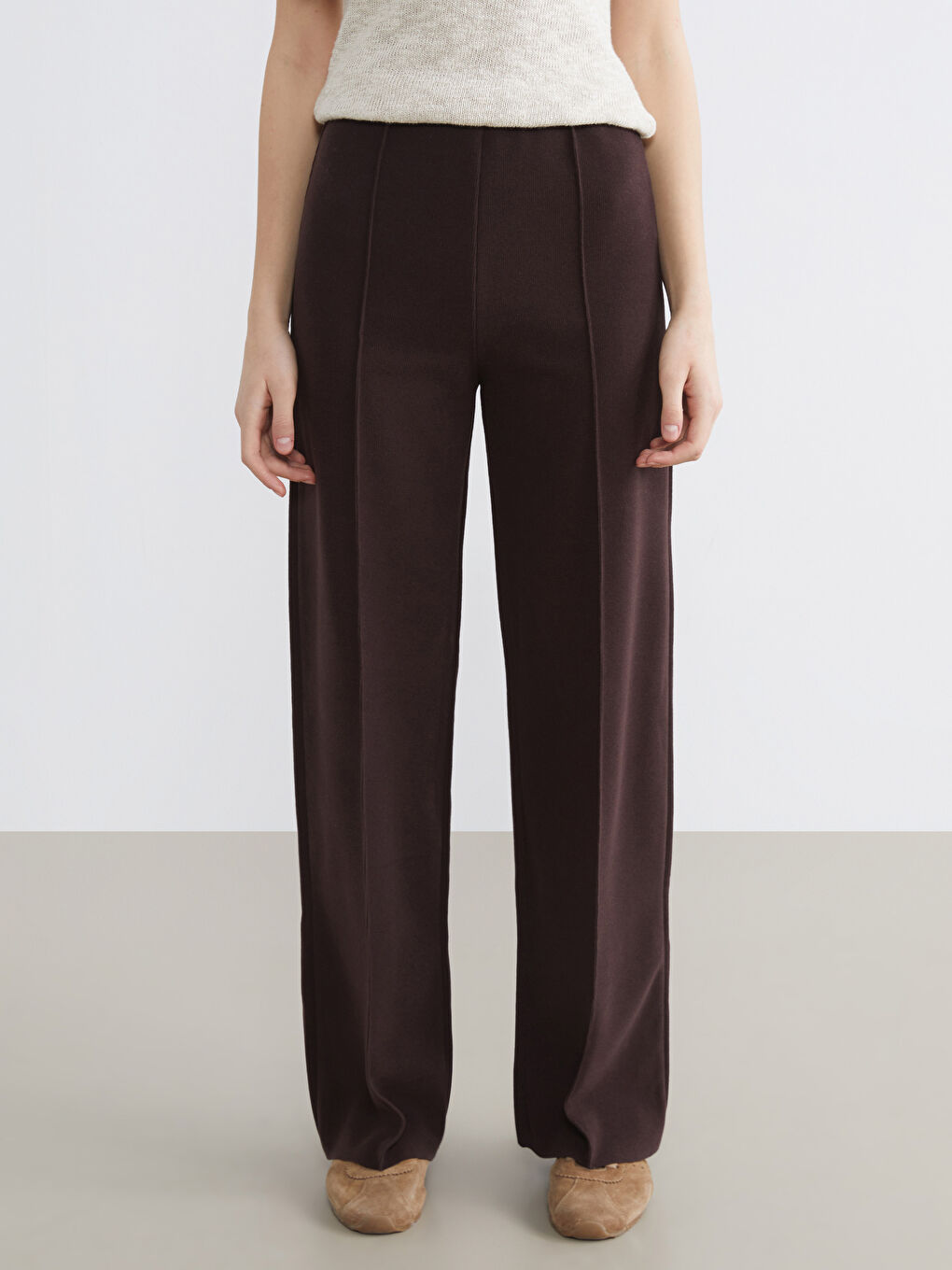 Kahverengi Beli Lastikli Geniş Paça Kadın Pantolon	-1