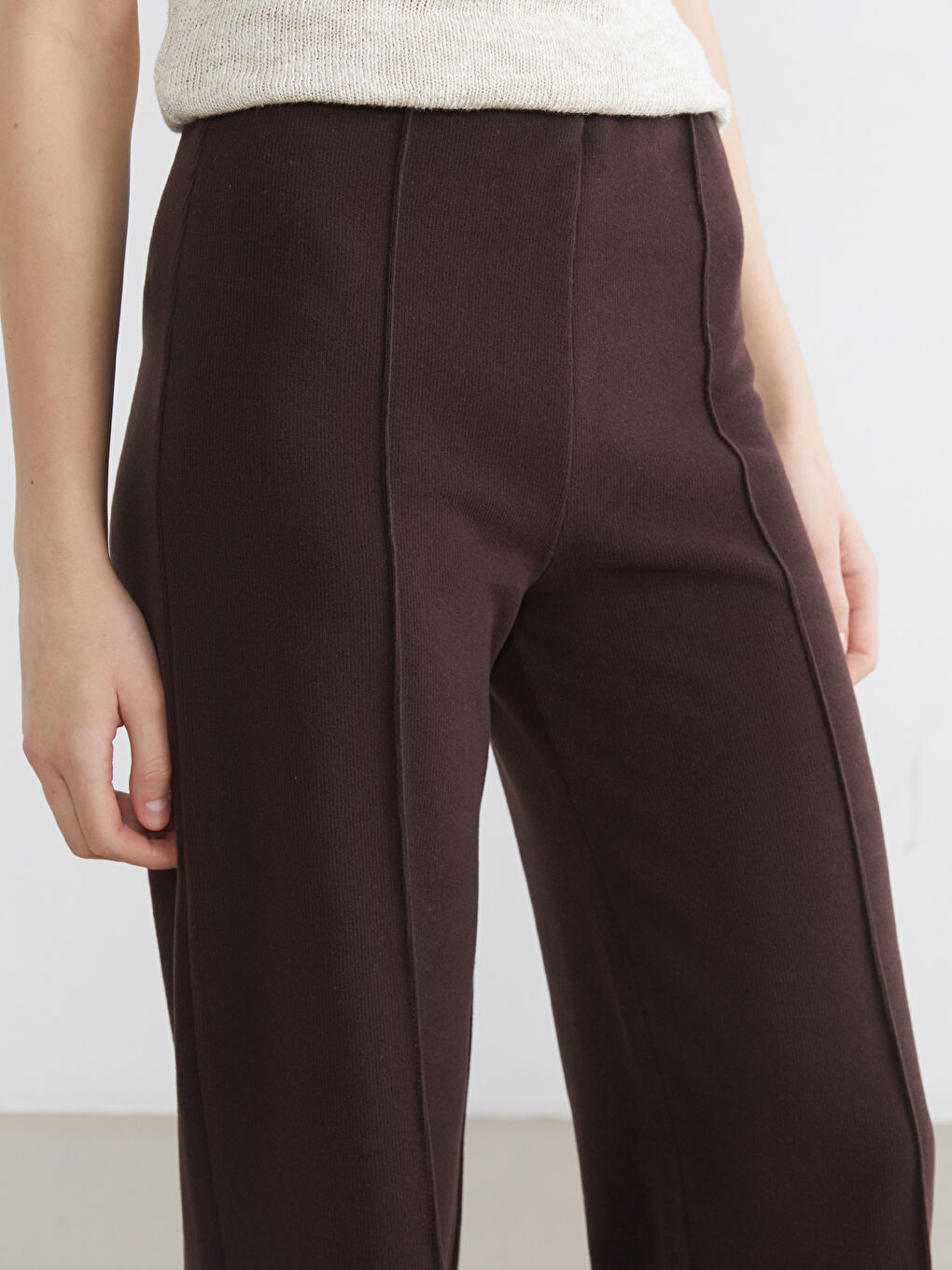 Kahverengi Beli Lastikli Geniş Paça Kadın Pantolon	-2