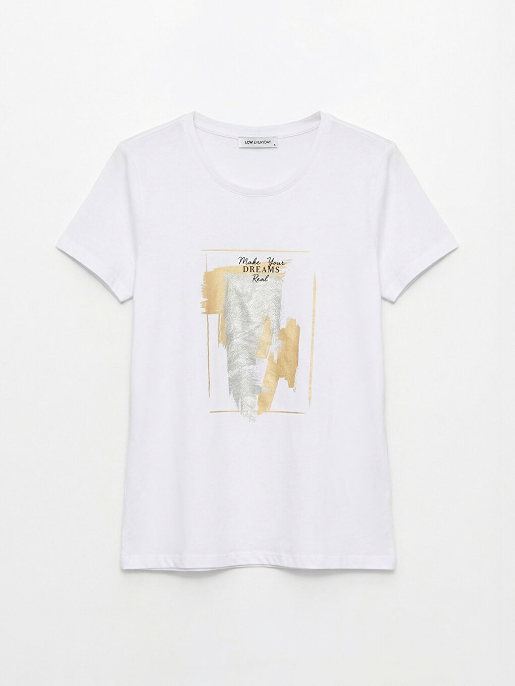 Beyaz Bisiklet Yaka Baskılı Kadın Tişört