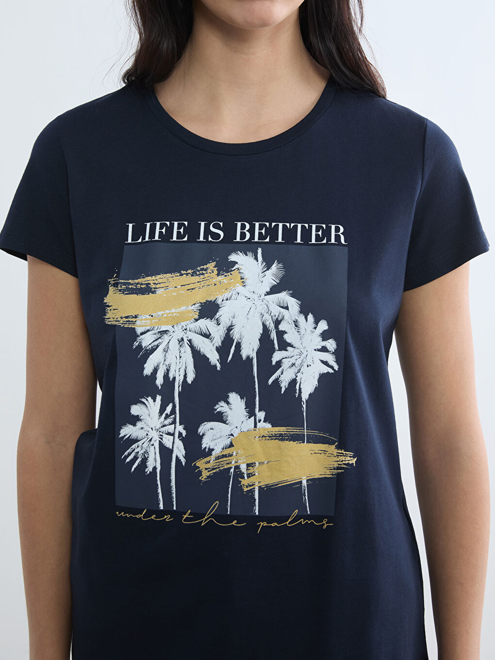 Lacivert Bisiklet Yaka Baskılı Kadın Tişört-2