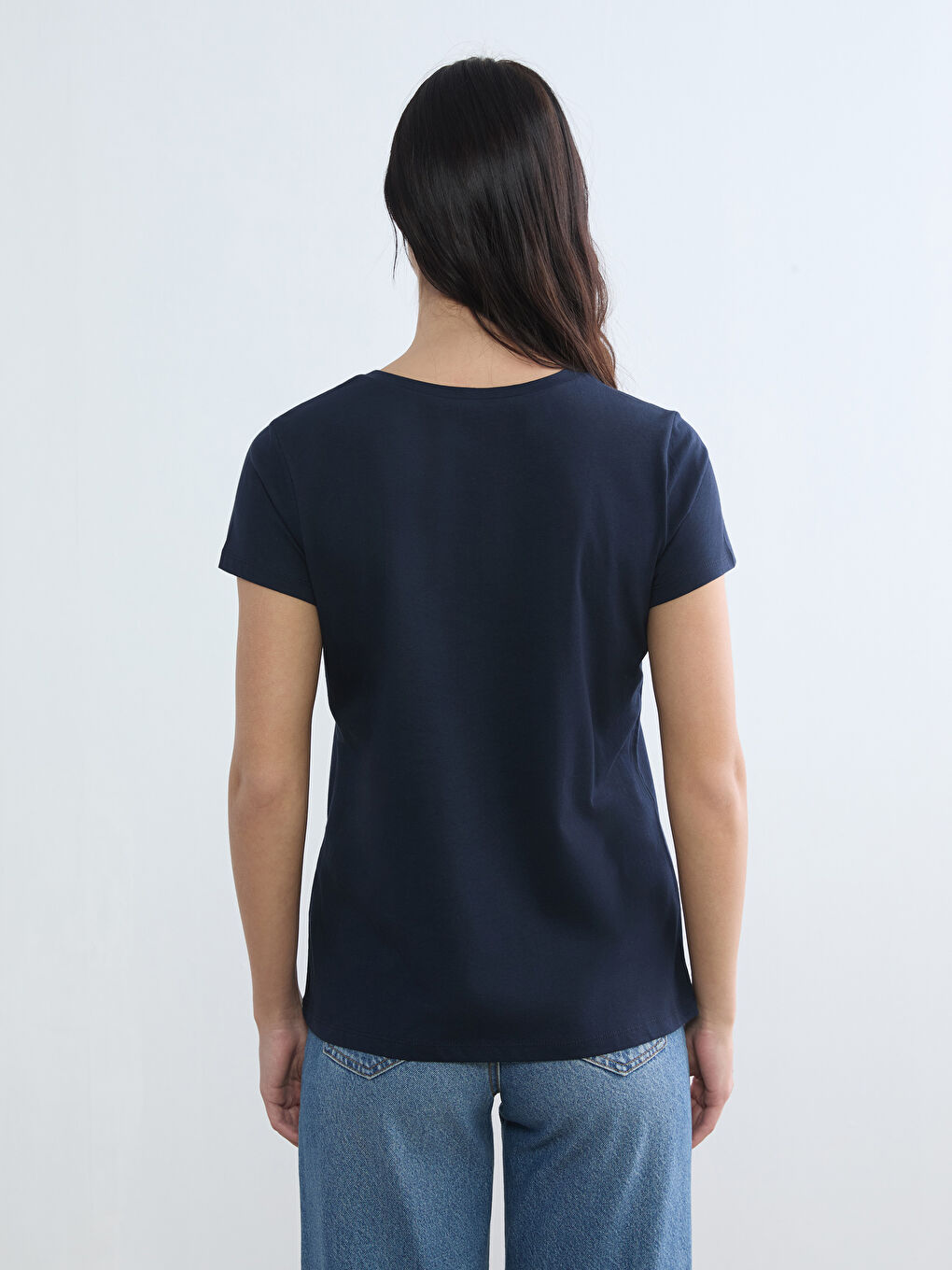 Lacivert Bisiklet Yaka Baskılı Kadın Tişört-3