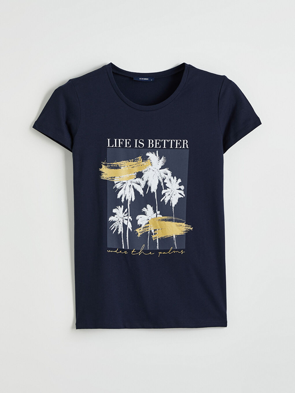 Lacivert Bisiklet Yaka Baskılı Kadın Tişört-4