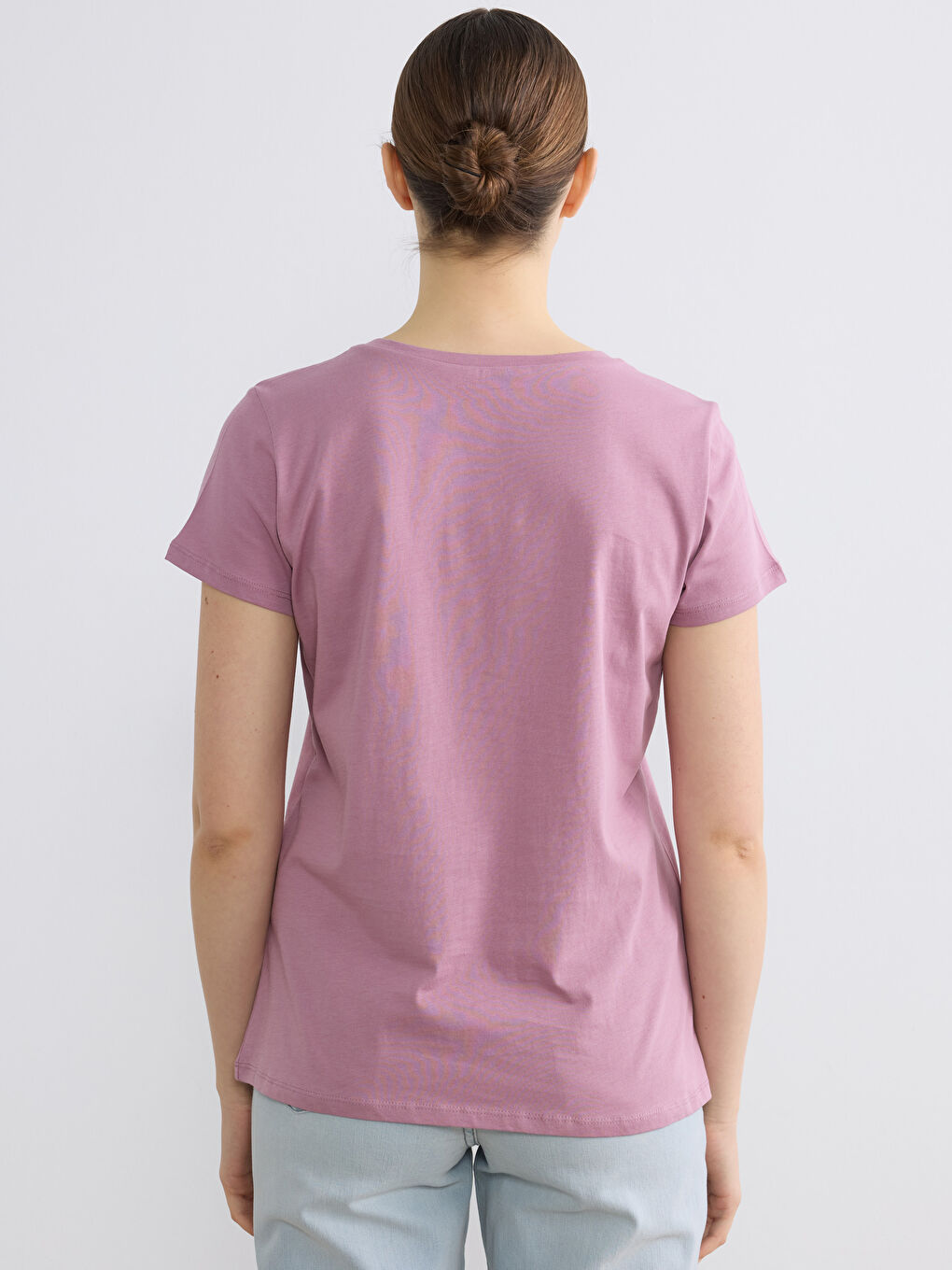 Pembe Bisiklet Yaka Baskılı Kadın Tişört	-3