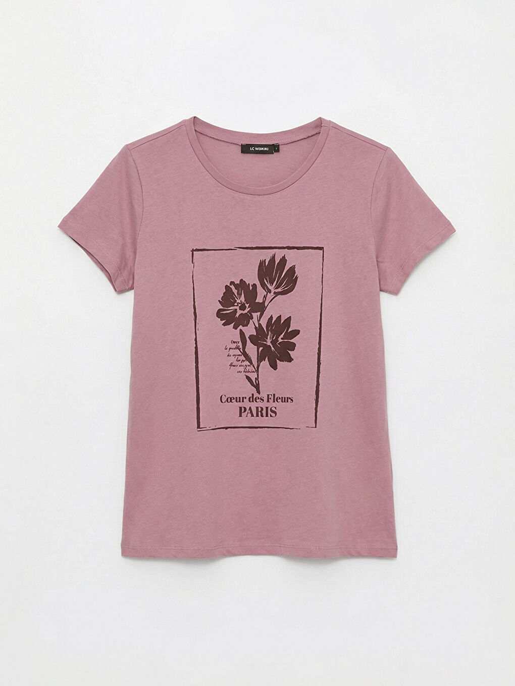 Pembe Bisiklet Yaka Baskılı Kadın Tişört	