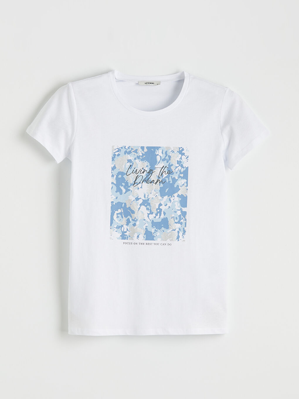 Beyaz Bisiklet Yaka Baskılı Kadın Tişört	-4