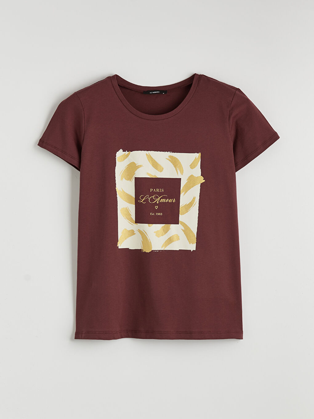 Bordo Bisiklet Yaka Baskılı Kadın Tişört-4